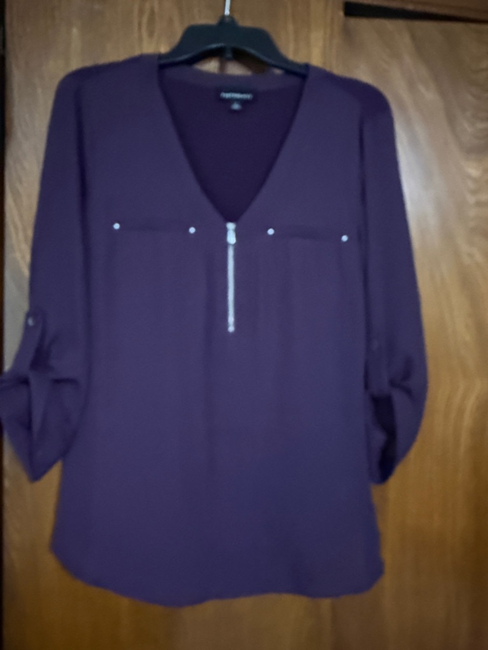 Dana Buchman Plum V-Neck Zip Blouse with Stud Detail